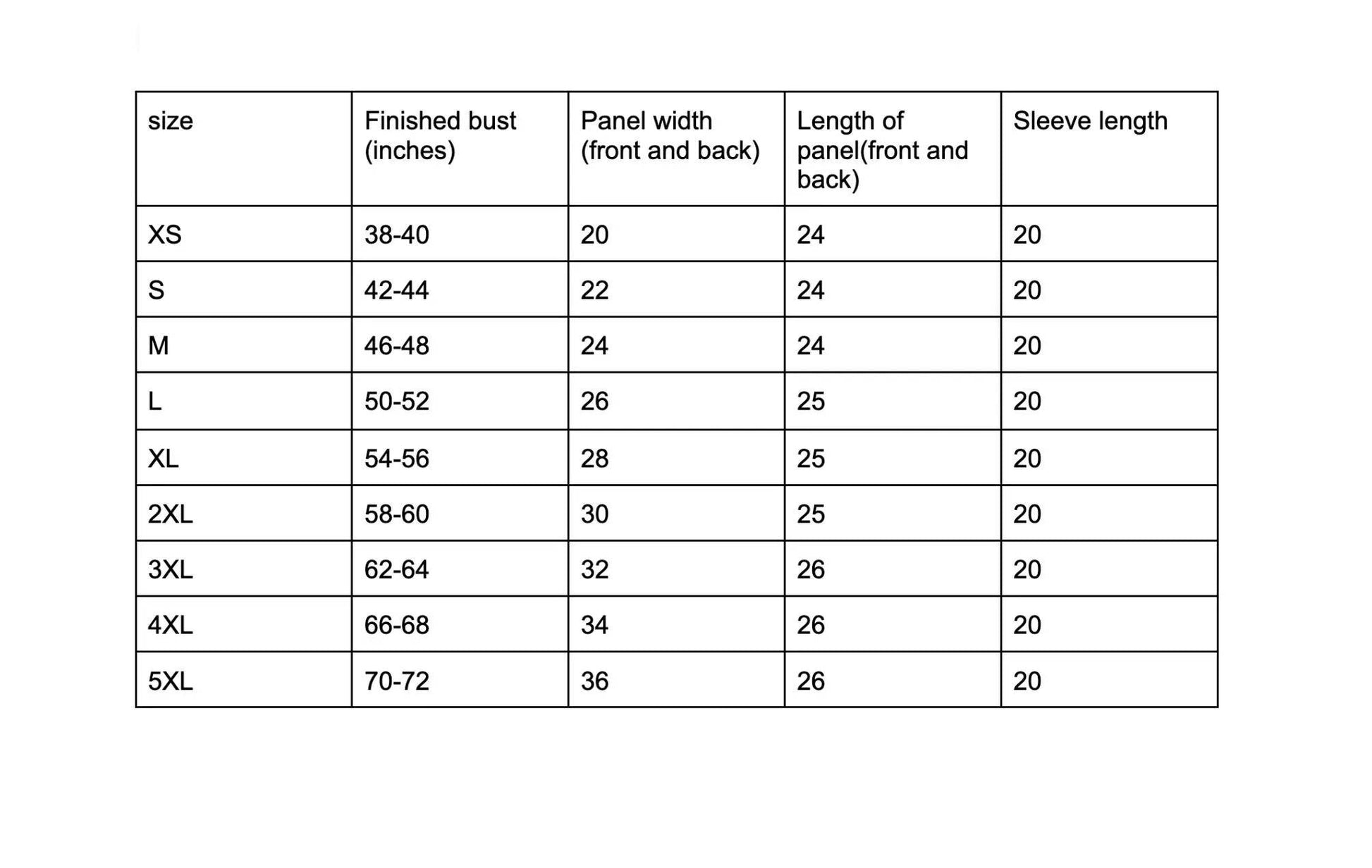 Sizing chart for turtleneck sweater