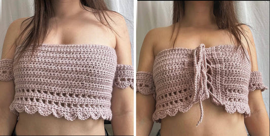 Two-panel image showing a pink crochet babydoll top from the front and back.