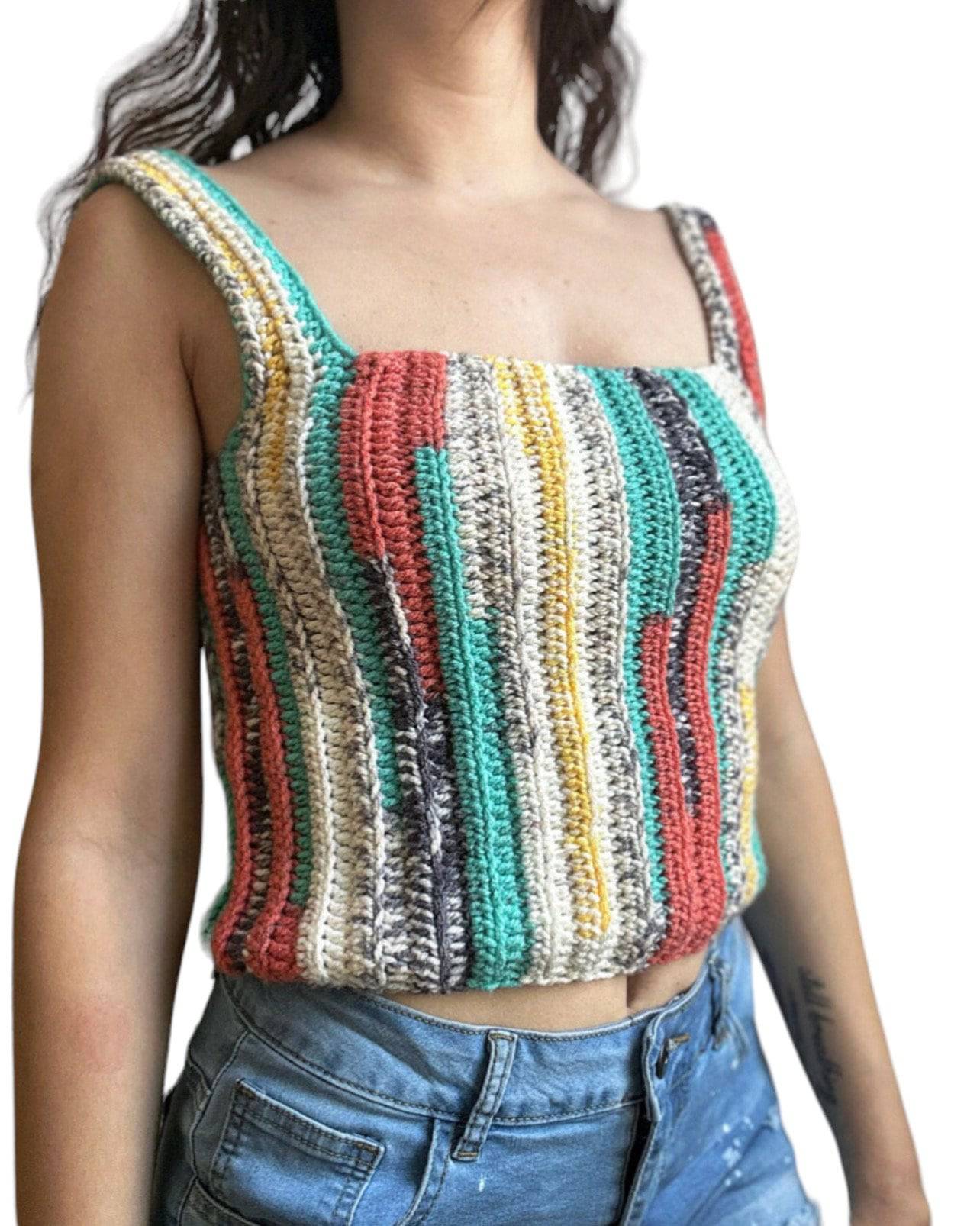 A person modeling a crocheted Fitted Multicolored Tank Top